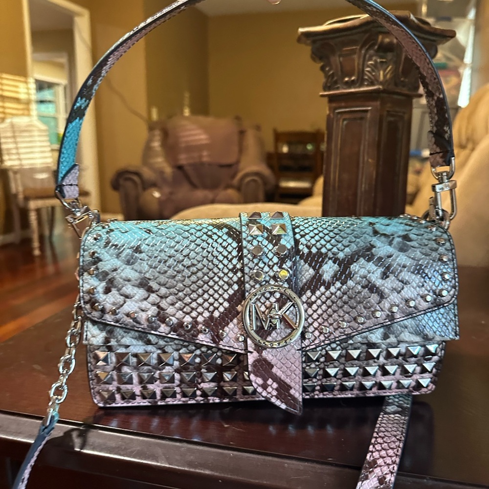 Michael Kors Studded Snake Print Shoulder Bag - Picture 4 of 14